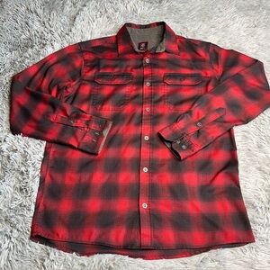 Swiss Tech Shirt Mens Medium Button Up Red Black Checkered Plaid Long Sleeve